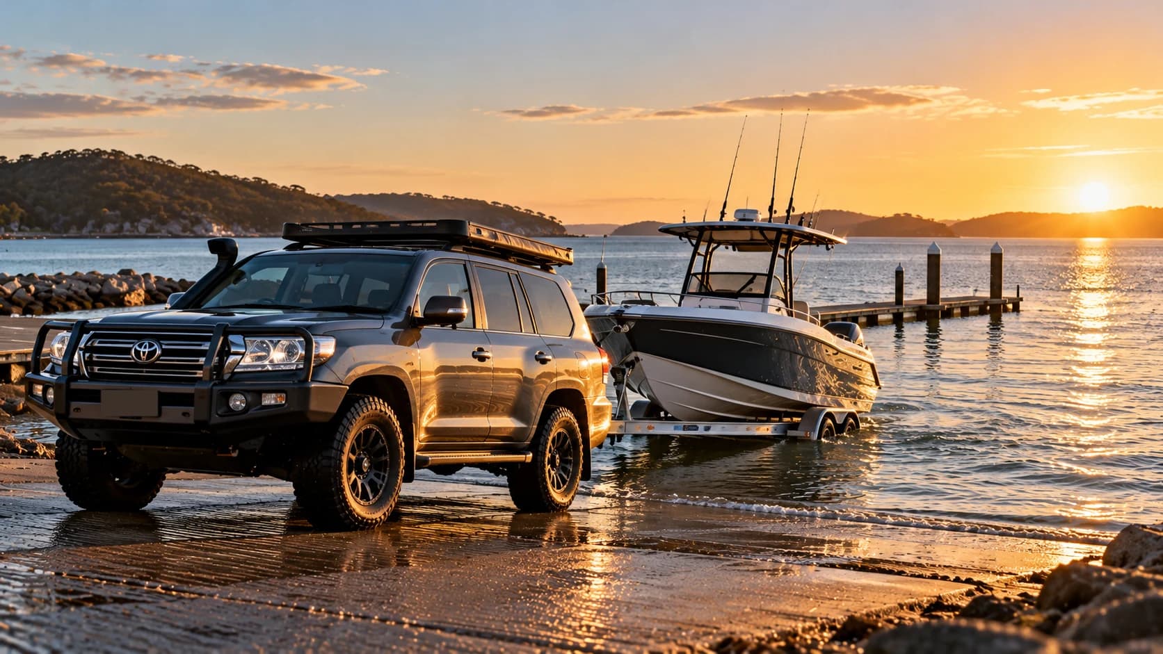 A 200 Series on a boat ramp at sunset, a centre-console boat on the trailer behind.