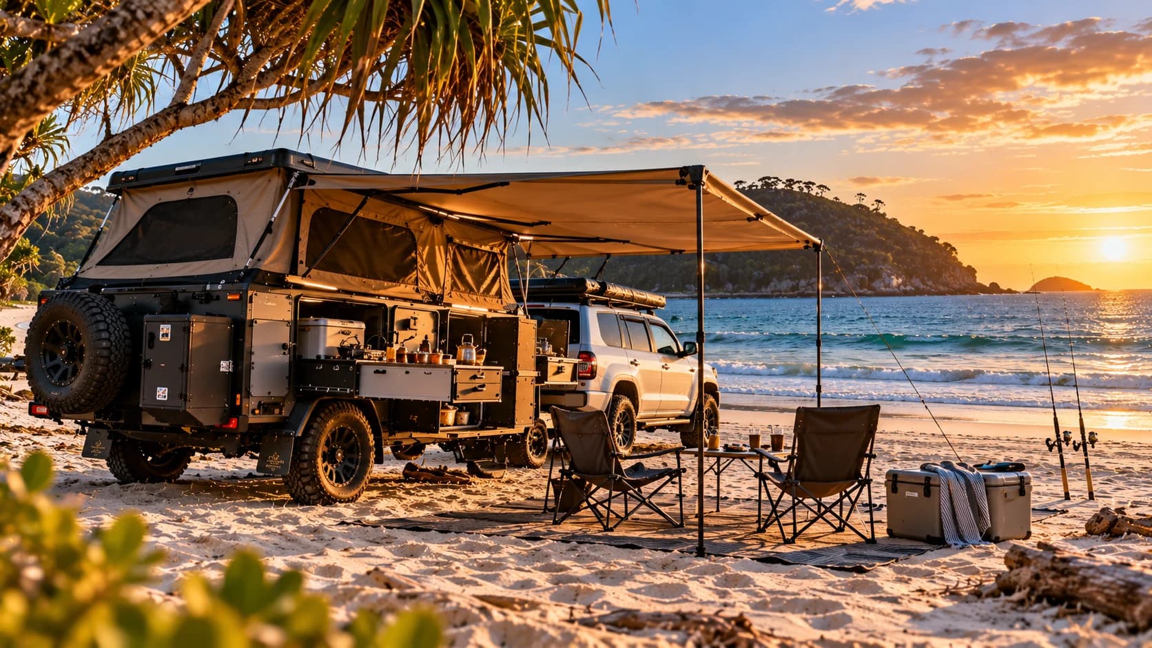A camper trailer set up on the beach at sunset, the kitchen out under the awning and a white 4x4 beside it.
